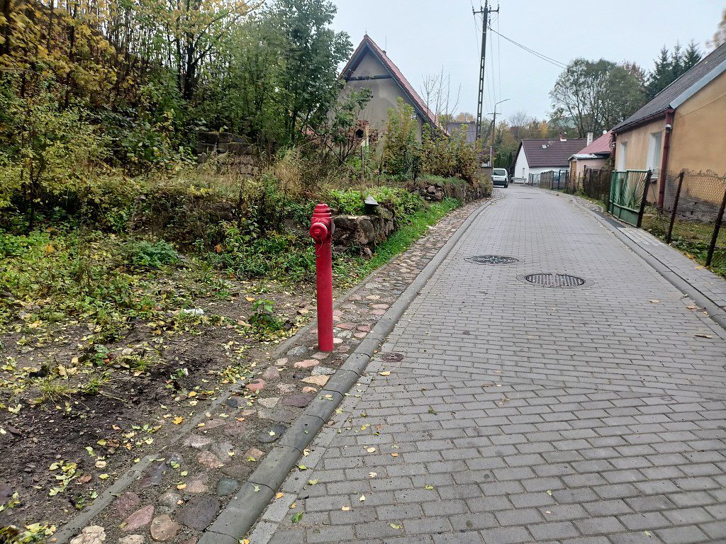 Czerwony hydrant stojący przy wąskiej, brukowanej ulicy w sąsiedztwie domów i drzew