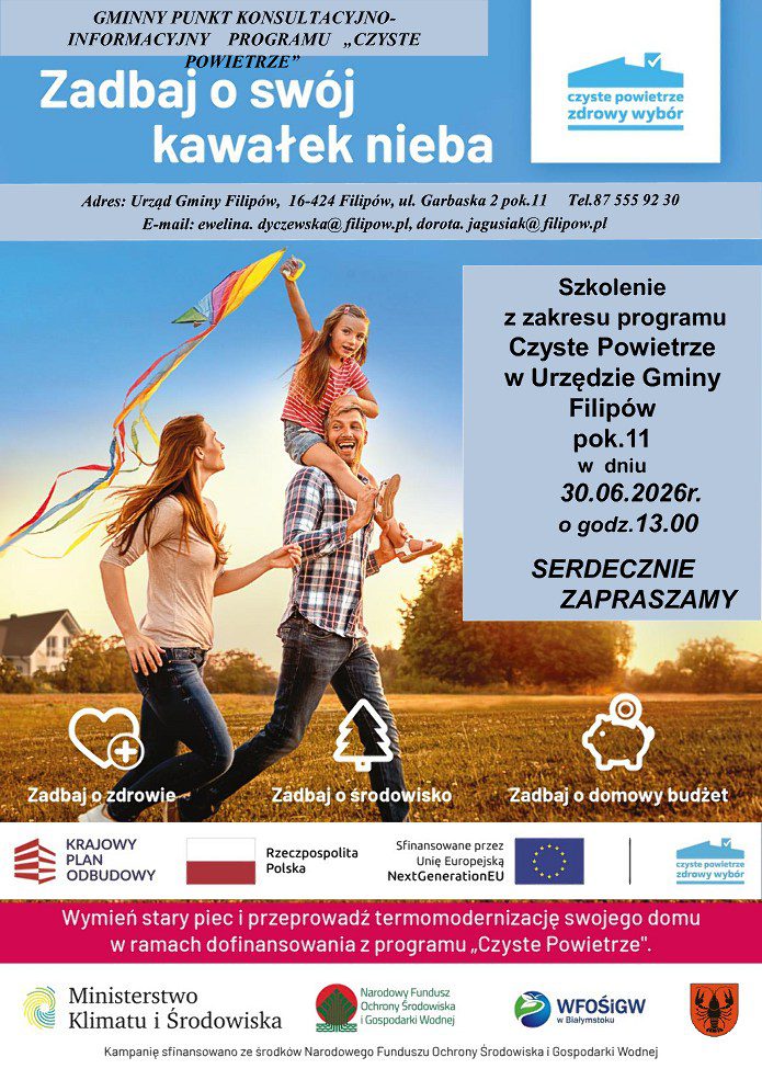 Plakat o szkoleniu z programu Czyste Powietrze: 30.06.2026 r., godz. 13:00, Urząd Gminy Filipów, pokój 11