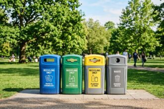 A professional, high-quality editorial photograph of a set of clean, modern, color-coded recycling bins arranged neatly on a paved path in a sunlit public park. The scene is set in early summer, featuring lush green grass and vibrant deciduous trees in the background under a clear sky. The lighting is bright and warm, casting soft afternoon shadows that suggest a peaceful, organized municipal environment. The composition is clean and minimalist, focusing on the theme of civic responsibility and environmental care, with a shallow depth of field that keeps the natural greenery in soft focus.