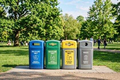 A professional, high-quality editorial photograph of a set of clean, modern, color-coded recycling bins arranged neatly on a paved path in a sunlit public park. The scene is set in early summer, featuring lush green grass and vibrant deciduous trees in the background under a clear sky. The lighting is bright and warm, casting soft afternoon shadows that suggest a peaceful, organized municipal environment. The composition is clean and minimalist, focusing on the theme of civic responsibility and environmental care, with a shallow depth of field that keeps the natural greenery in soft focus.